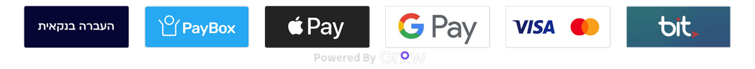 אמצעי תשלום מקובלים: העברה בנקאית, PayBox, Apple Pay, Google Pay, Visa, Mastercard, bit